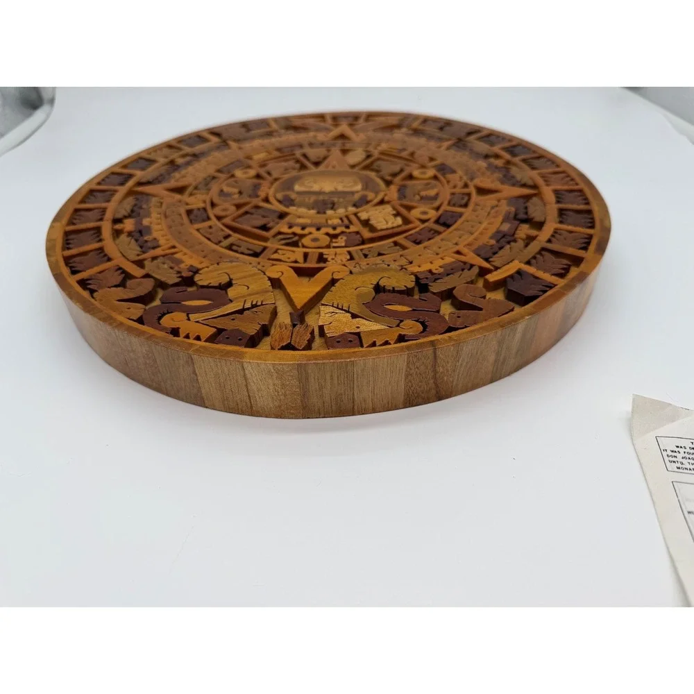 Handcrafted Aztec Sun Stone Wood Inlay Calendar Wall Art Mexico 11.5